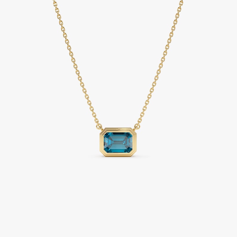 9x7 MM Blue Topaz, Emerald Cut Bezel Set London Blue Topaz Necklace, Octagon Shape Birthstone Layering Necklace, Black Friday