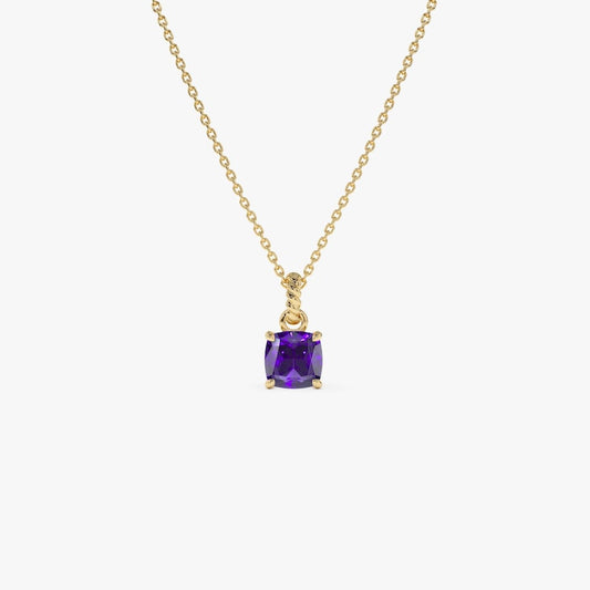 6 MM Cushion Cut Amethyst Solitaire Necklace, Amethyst Birthstone Dainty Necklace, Minimalist Handmade Birthday Gift For Her