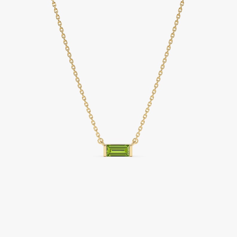 6x3 MM Baguette Cut Peridot Birthstone Necklace, Peridot Layering Necklace, Dainty August Birthstone Pendant, Birthday Gift