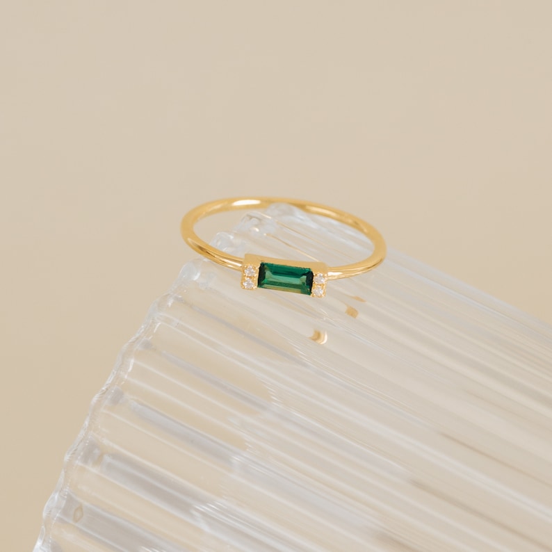 Baguette Ring, Delicate Green Crystal Promise Ring