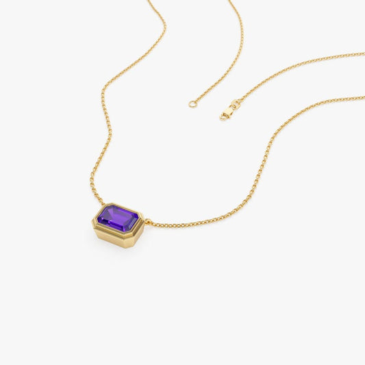 7x5 Amethyst Necklace, Emerald Cut Bezel Setting Amethyst Birthstone Necklace, Dainty Solitaire Layering Necklace Cyber Monday