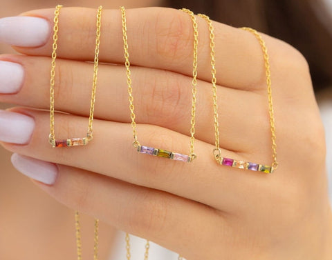 Family Birthstone Baguette Diamond Necklace, Birth Stone Necklace, Mothers Necklace