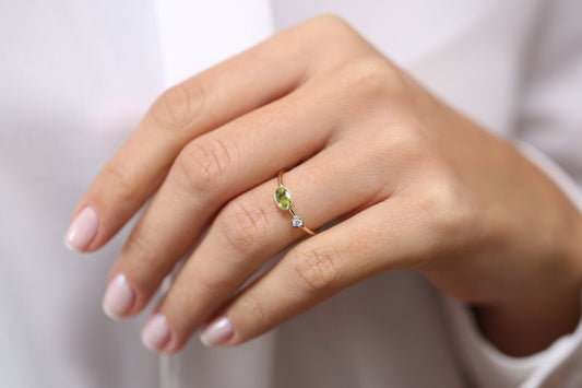 6x4 MM Peridot Ring / Peridot Ring with Diamond / Oval Shape Bezel Setting Peridot ring with Diamond / August Birthstone Ring