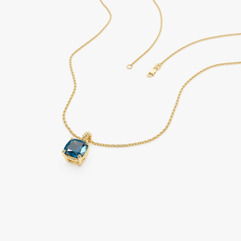 6 MM Cushion Cut London Blue Topaz Solitaire Necklace, Birthstone Dainty Necklace, Minimalist Handmade Birthday Gift For Her