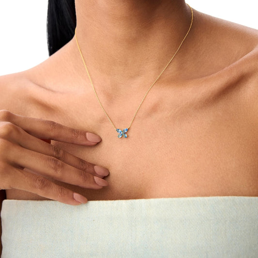 London Blue Topaz Butterfly Necklace, Marquise & Pear Shape Dainty Birthstone Necklace, Minimalist Layering Birthday Gift