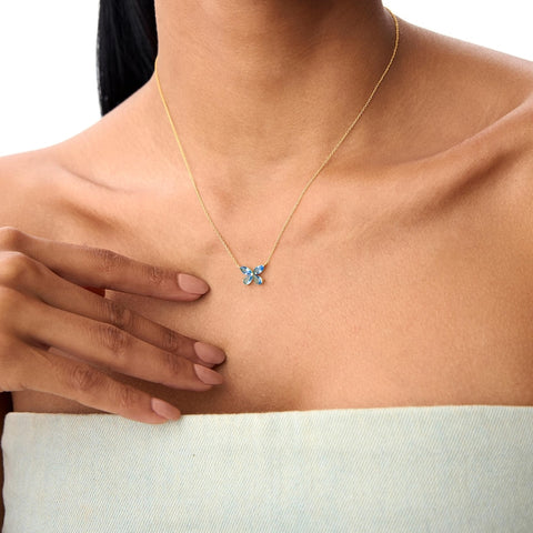 London Blue Topaz Butterfly Necklace, Marquise & Pear Shape Dainty Birthstone Necklace, Minimalist Layering Birthday Gift