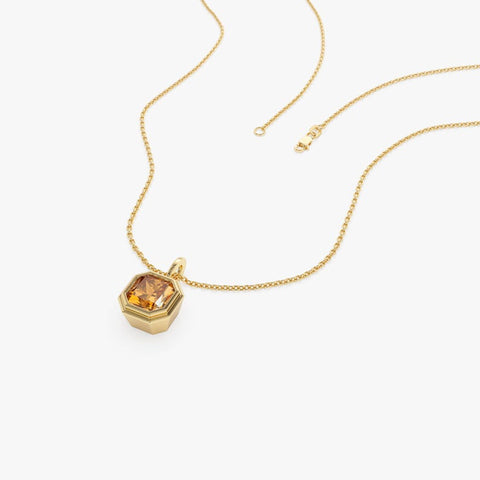 6 MM Citrine Necklace, Asscher Cut Bezel Set Citrine Necklace,  Citrine Birthstone Necklace, Dainty Solitaire Layering Necklace