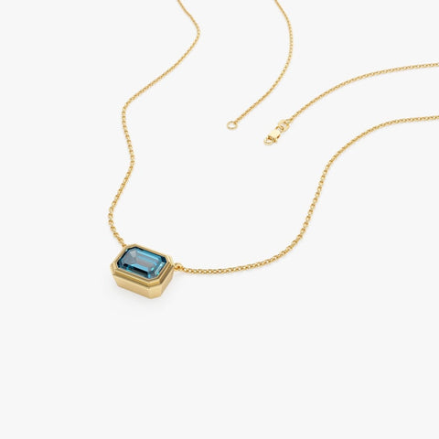 9x7 MM Blue Topaz, Emerald Cut Bezel Set London Blue Topaz Necklace, Octagon Shape Birthstone Layering Necklace, Black Friday