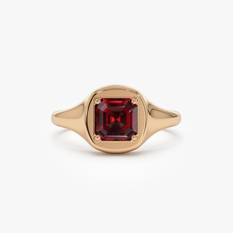 6 MM Asscher Cut Garnet Signet Ring, Octagon Shape Dainty Statement Ring, Minimalist Handmade Solitaire Promise Ring