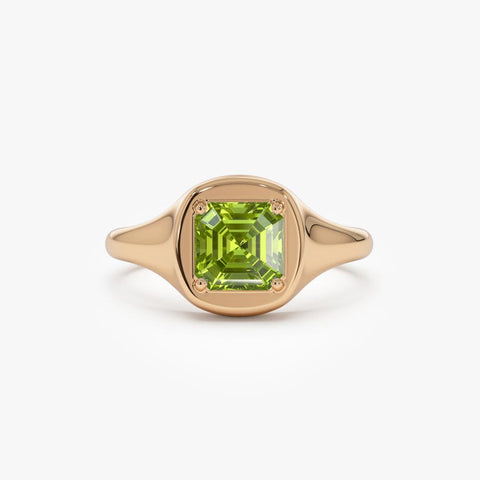 6 MM Asscher Cut Peridot Signet Ring, Octagon Shape Dainty Statement Ring, Minimalist Handmade Solitaire Promise Ring