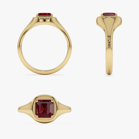 6 MM Asscher Cut Garnet Signet Ring, Octagon Shape Dainty Statement Ring, Minimalist Handmade Solitaire Promise Ring