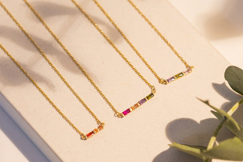 Family Birthstone Baguette Diamond Necklace, Birth Stone Necklace, Mothers Necklace