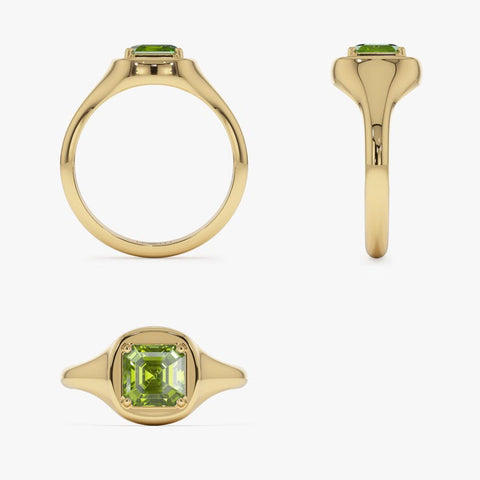 6 MM Asscher Cut Peridot Signet Ring, Octagon Shape Dainty Statement Ring, Minimalist Handmade Solitaire Promise Ring