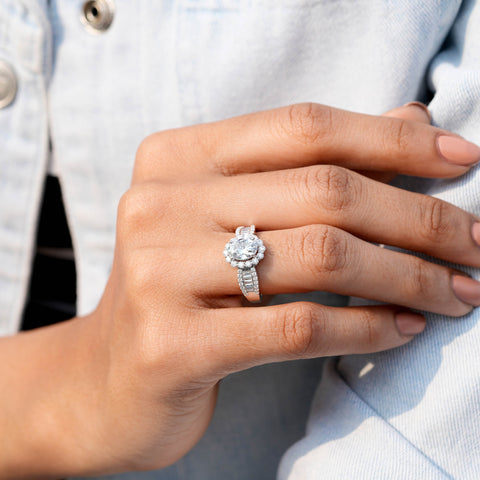 2.13 CT Oval, Round Baguette Cut Colorless Engagement Ring