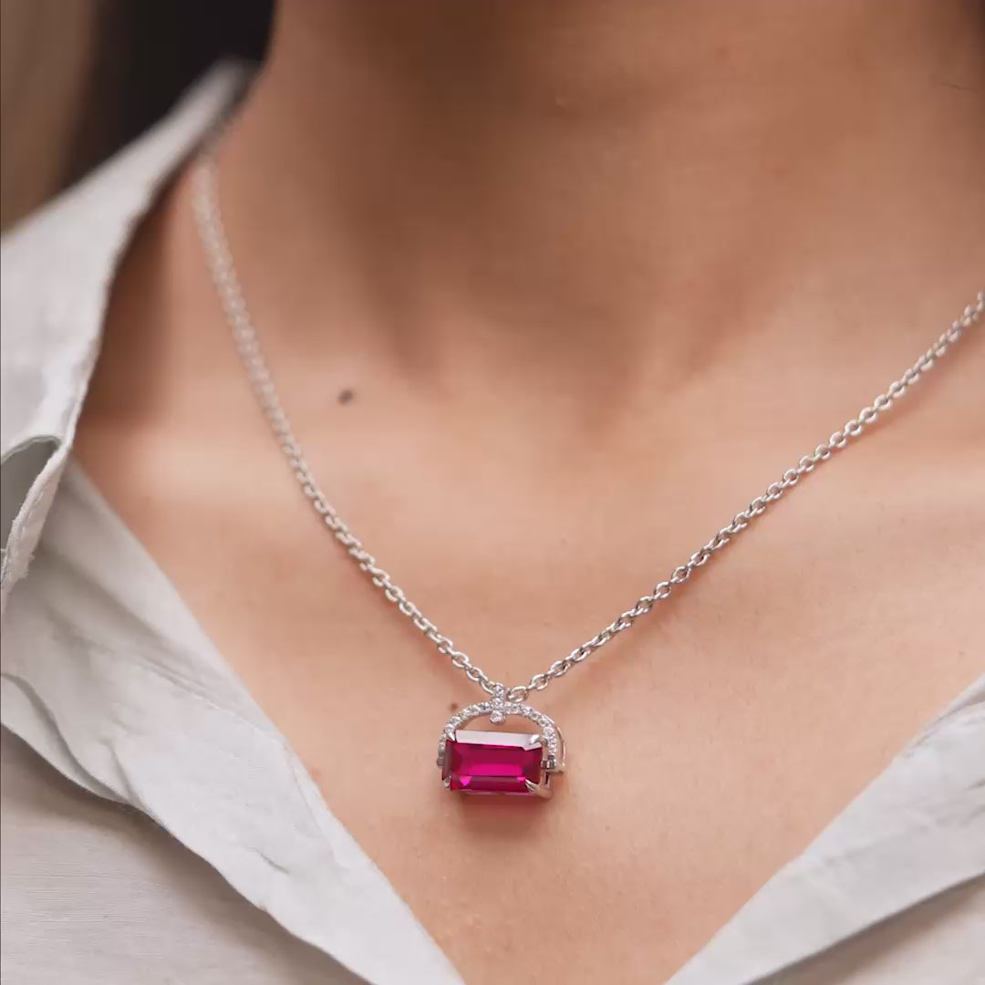 Ruby Red Gemstone Jewelry Set – Emerald Cut Necklace & Earrings in Silver with Diamond Half Halo