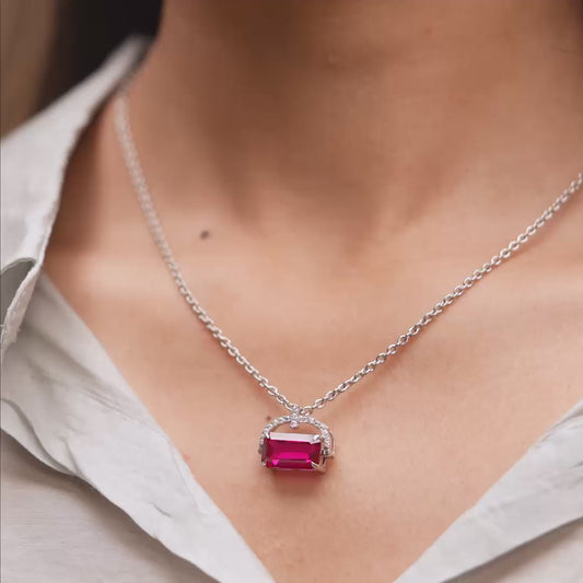 Ruby Red Gemstone Jewelry Set – Emerald Cut Necklace & Earrings in Silver with Diamond Half Halo