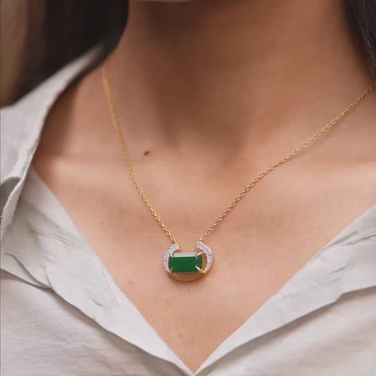 Emerald Green Gemstone Jewelry Set – Emerald Cut Necklace & Earrings in Gold with Diamond Crescent Halo