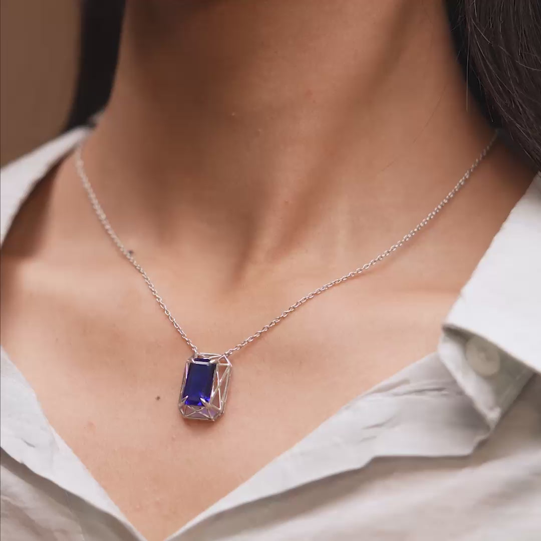 Blue Emerald Cut Gemstone Jewelry Set: Necklace & Earrings in Modern Geometric Design