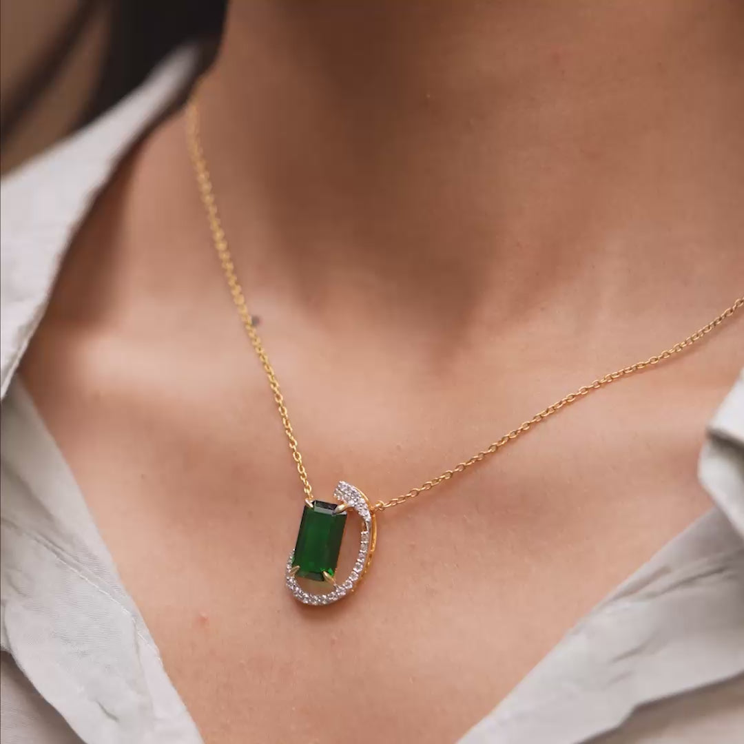 Green Emerald Cut Gemstone Jewelry Set: Art Nouveau Swirl Necklace & Earrings with Diamond Accents