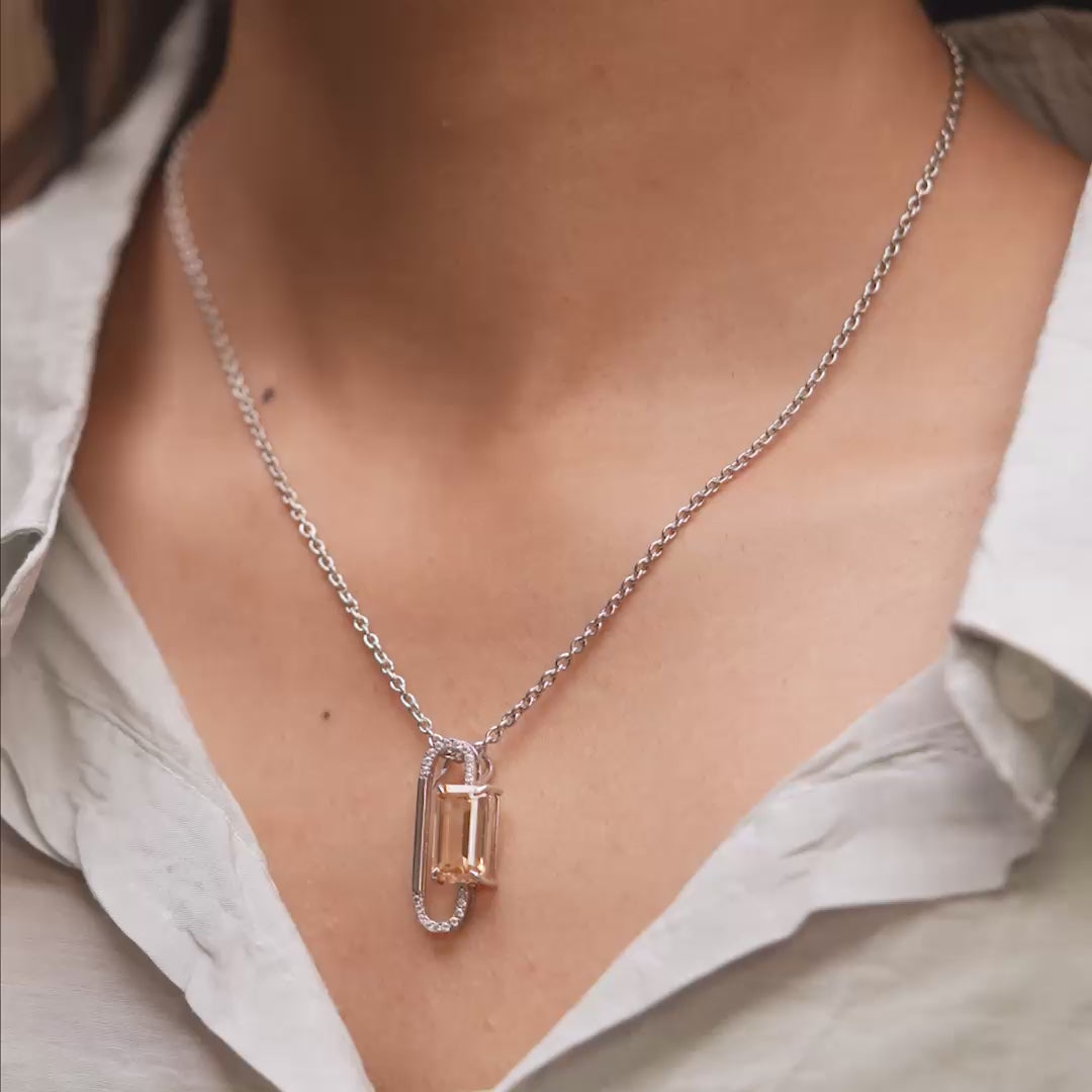 Champagne Emerald Cut Gemstone Jewelry Set: Modern Loop Necklace & Earrings in Silver with Diamond Accents