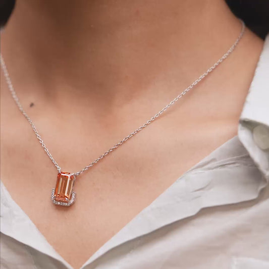 Morganite Peach Emerald Cut Gemstone Jewelry Set – Necklace & Earrings in Silver with Half Halo Diamond Accents